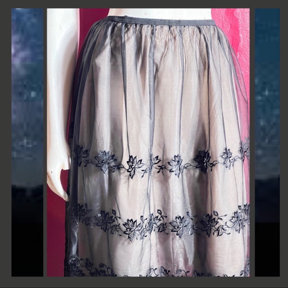 Pretty vintage nude illusion half slip with sheer black embroidered overlay.
